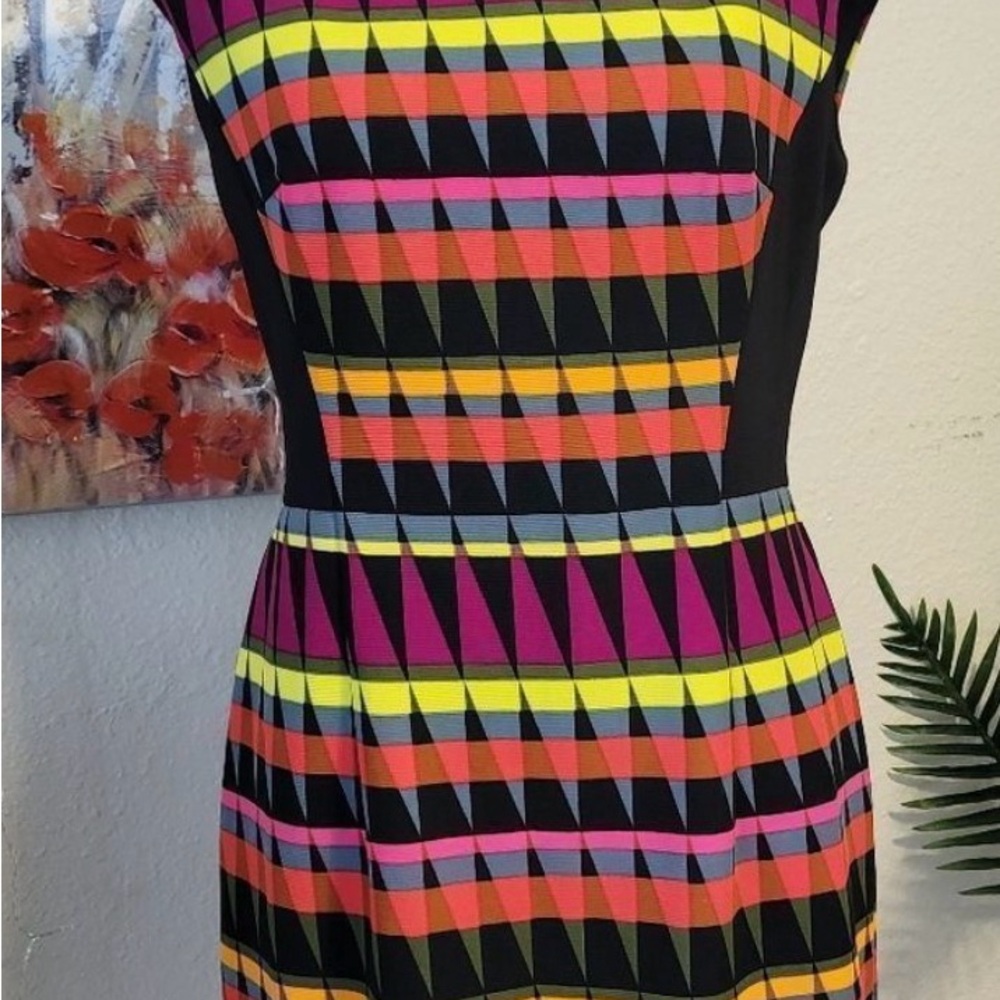 Signature Colorblock Geometric Midi Dress in Black, Pink, Orange, Yellow, Purple